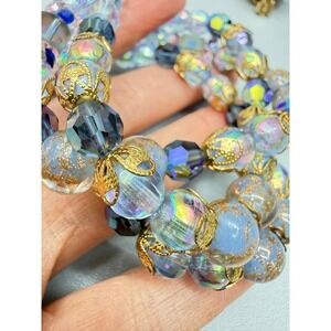 Vintage Blue Gold Foil Iris Glass Bracelet Earring Demi Parure Clip On Gold Tone